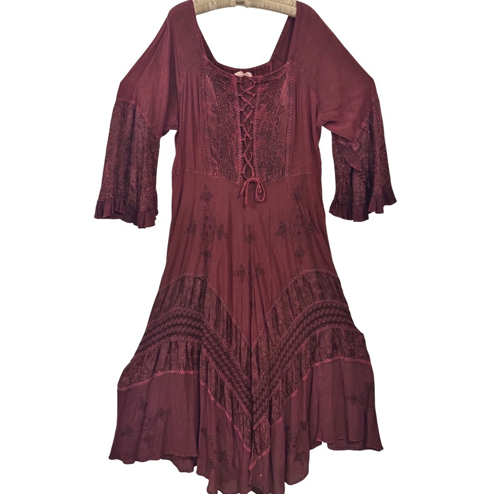 HolyClothing Burgundy Embroidered Lace Up Boho Midi Dress 2X Renaissance Gothic